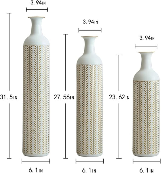 Metal Floor Vases Decorative, Set of 3 Flower Arrangement Stand, Tall Gold＆White Metal Floor Vases for Living Room, Bedroom & Entryway, 33.4", 28.74", 24.1" H (White＆Gold)