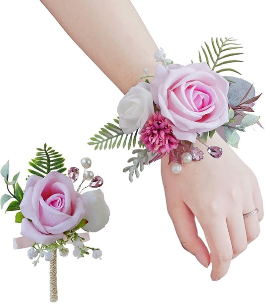 Pink Corsage and Boutonniere Set, Prom Wedding Homecoming Wrist Corsage Wristlet and Boutonniere Set for Grooms Groomsmen Guest Bridal Bridesmaid Artificial Flower Suit Decoration