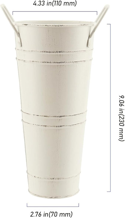 8 Pack 9 Inch Tall Galvanized Flower Bucket, Beige Farmhouse French Flower Bucket with Handle, Rustic Vintage Metal Vases for Flower, Centerpieces, Floral Wedding Arrangements