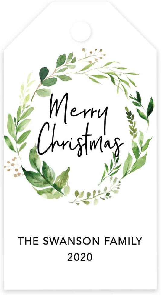 Andaz Press Personalized Christmas Holiday Season Classic Gift Tags, Merry Christmas Custom Family Name and Year, Watercolor Greenery Wreath Design, for Holiday Events, Parties, and Favors, 60-Pack