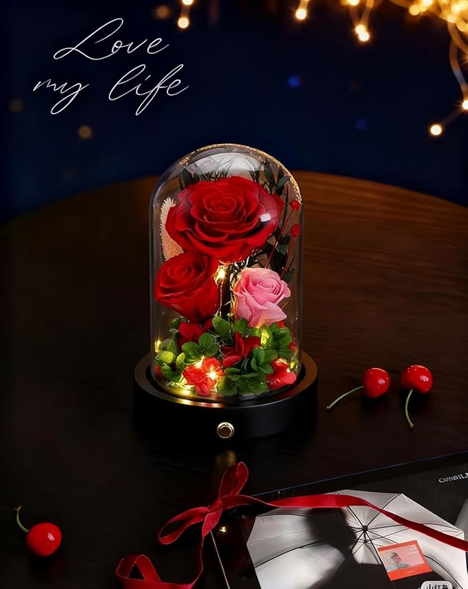 Birthday Gifts For Women Mom, Preserved Flowers in Glass Dome, Forever Flowers for Delivery Prime,Real Eternal Roses Mothers Day Valentines Day Christmas Anniversary for Grandma Wife Her Red