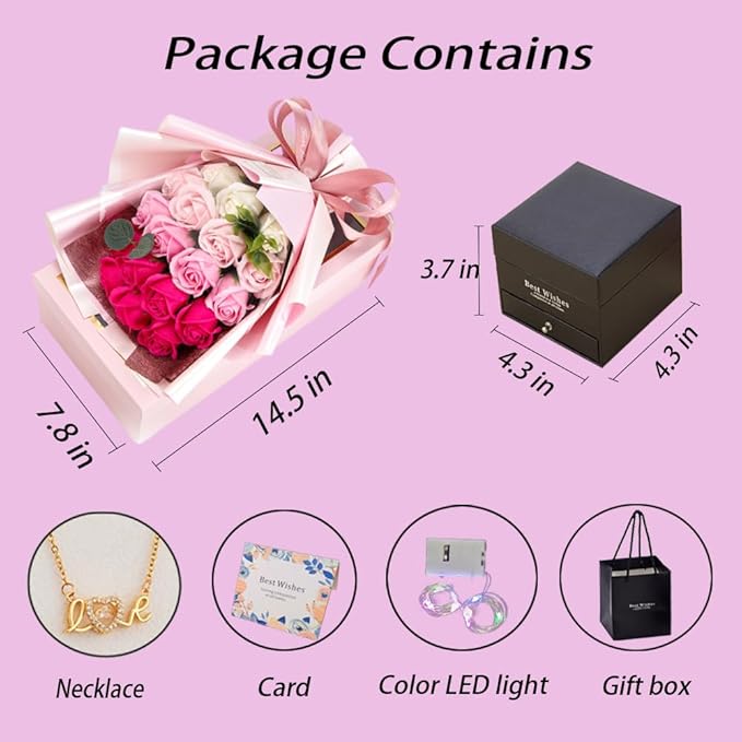 EIGHTOWN Roses Bouquet Artificial Flower - Preserved Red Flowers with Love Necklace for Her - Unique Gifts Valentine's Day, Mother's Day, Thanksgiving, Birthday, Anniversary… (Hotpink)