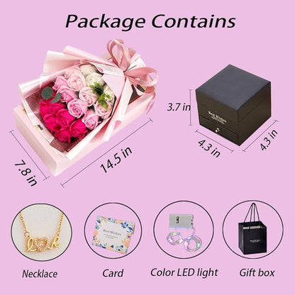 EIGHTOWN Roses Bouquet Artificial Flower - Preserved Red Flowers with Love Necklace for Her - Unique Gifts Valentine's Day, Mother's Day, Thanksgiving, Birthday, Anniversary… (Hotpink)