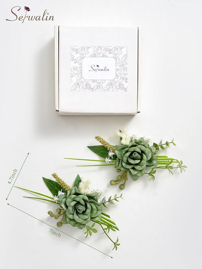 Serwalin Set of 2 Boutonniere for Men, 6-7inch Corsage Groom Groomsman Best Man Boutonnieres for Wedding Prom Ceremony Anniversary Party Cake Topper, Green