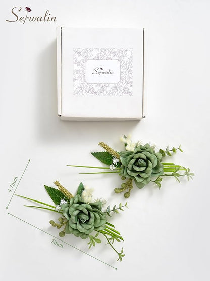 Serwalin Set of 2 Boutonniere for Men, 6-7inch Corsage Groom Groomsman Best Man Boutonnieres for Wedding Prom Ceremony Anniversary Party Cake Topper, Green