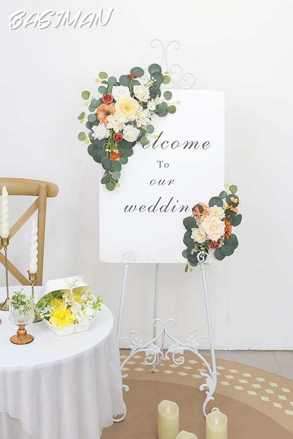 2pcs Wedding Arch Flowers,Wedding Welcome Sign,centerpieces for Tables,Reception Backdrop Table Decorations Welcome Sign (White Orange)
