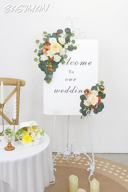 2pcs Wedding Arch Flowers,Wedding Welcome Sign,centerpieces for Tables,Reception Backdrop Table Decorations Welcome Sign (White Orange)