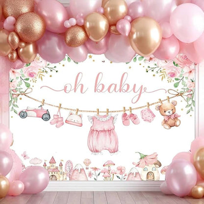 Sensfun Cute Clothes Baby Shower Backdrop Oh Baby Girl Pink Floral Adventure Photography Background It's A Girl Baby Shower Party Decorations Banner Supplies Photo Booth Props 7x5ft