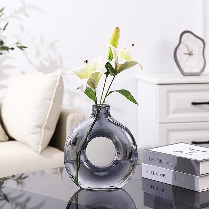 Glass Donut Vase, Grey Glass Vase, Flower Vase, Decorative Vase, Modern Vase, Round Glass Vases for Home, Living Room, Dining Table, Entryway, Mantle, Shelf, Wedding, Office, Coffee Table