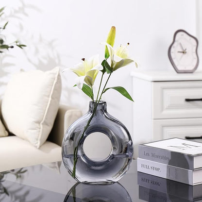 Glass Donut Vase, Grey Glass Vase, Flower Vase, Decorative Vase, Modern Vase, Round Glass Vases for Home, Living Room, Dining Table, Entryway, Mantle, Shelf, Wedding, Office, Coffee Table