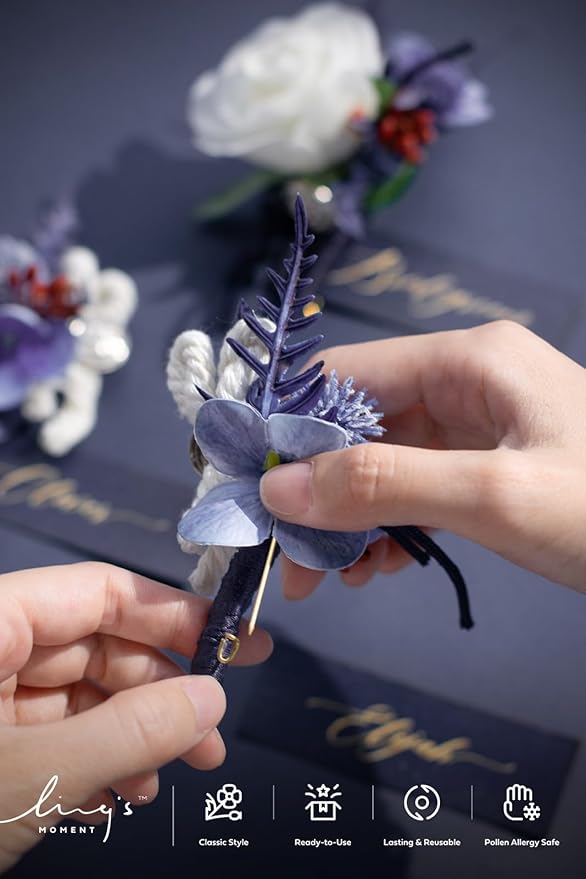 Ling's moment Boutonniere for Men, 6pcs Groom Groomsmen Boutonniere, Artificial Flowers for Wedding Decor/Prom/Homecoming, etc.Navy Blue White
