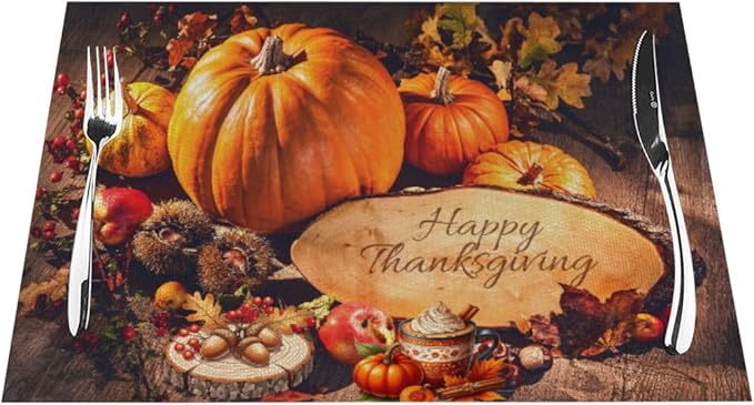 PVC Placemats Set of 6 Wipeable Table Mats Washable Heat Resistant Non Slip Vinyl Dining Table Mat for Kitchen Indoor Outdoor Patio Farmhouse Place Mats Thanksgiving Pumpkin Decorate Decorative