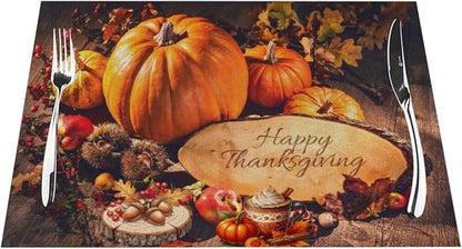 PVC Placemats Set of 6 Wipeable Table Mats Washable Heat Resistant Non Slip Vinyl Dining Table Mat for Kitchen Indoor Outdoor Patio Farmhouse Place Mats Thanksgiving Pumpkin Decorate Decorative