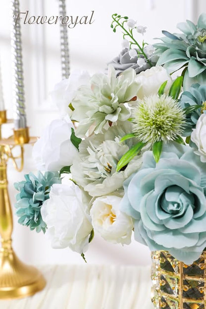 Floweroyal Artificial Flowers Combo Teal Blue Flowers Mix Silk Flowers Dahlia Roses with Stems for DIY Wedding Bridal Bouquets, Baby Shower, Floral Arrangement, Table Centerpieces, Home Decorations.
