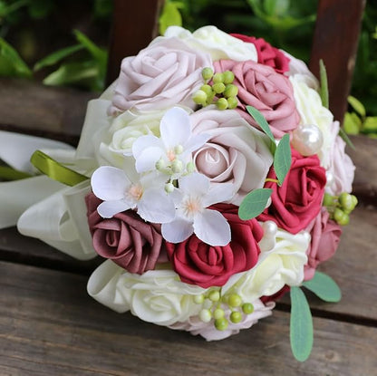 Lightweight Bridal Wedding Bouquet Round Holding Bouquet Throw Toss Artificial Rose Flower Bunch for Bride Bridesmaid Wedding Quinceanera (Cream, Smoky Rose, Light Taro & Burgundy, 6.7")