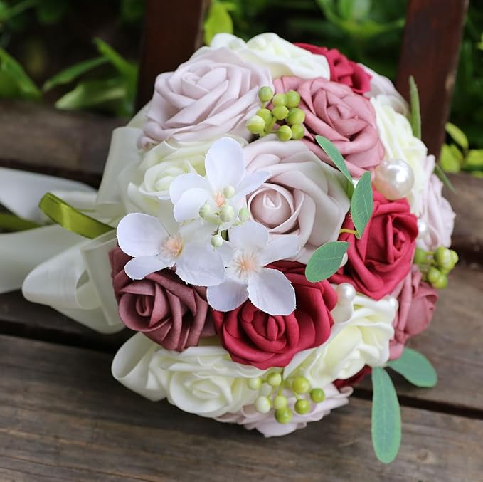 Lightweight Bridal Wedding Bouquet Round Holding Bouquet Throw Toss Artificial Rose Flower Bunch for Bride Bridesmaid Wedding Quinceanera (Cream, Smoky Rose, Light Taro & Burgundy, 7.9")