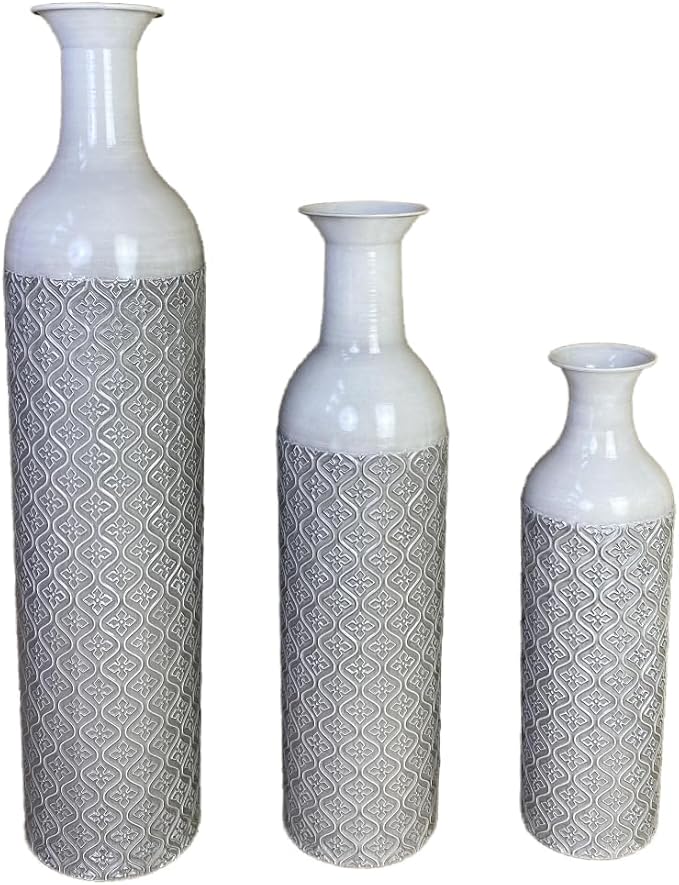 Leewadee Set of 3 Large Floor Vases – Decorative Tall Metal Vases in Grey White (28/22/17 inches) – Elegant Home Decor for Stylish Interiors