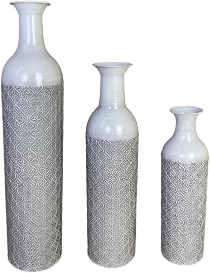 Leewadee Set of 3 Large Floor Vases – Decorative Tall Metal Vases in Grey White (28/22/17 inches) – Elegant Home Decor for Stylish Interiors