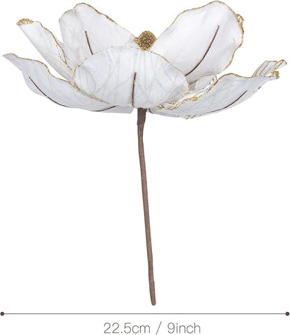 KI Store Christmas Poinsettia Artificial Velvet Magnolia Flower White and Gold Floral Picks Stems for Christmas Tree Decoration Pack of 6 for Xmas Tree Wedding Centerpiece