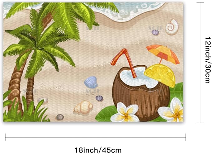Placemats Set of 4 Waterproof Oilproof Table Mats Summer Coconut Beach Washable Wipeable Heat Resistant Easy to Clean for Indoor Outdoor Party Kitchen Dining Table Decoration 12 * 18in
