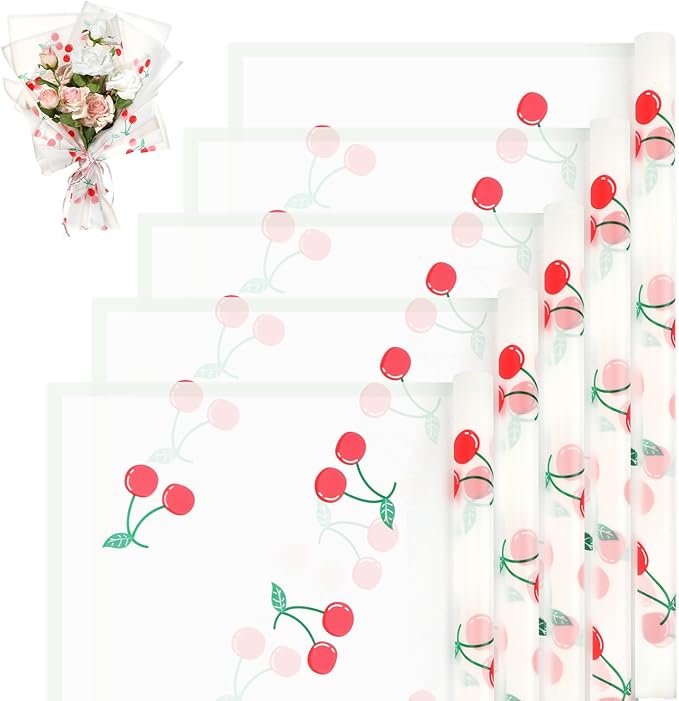 Liobelon 20 Sheets Flower Wrapping Paper Waterproof Bouquet Paper with Cherry Pattern White Gift Wrapping Paper for Flower Shop, Wedding, Birthday Party, Handmade DIY, Anniversary 22.8 x 22.8 Inch