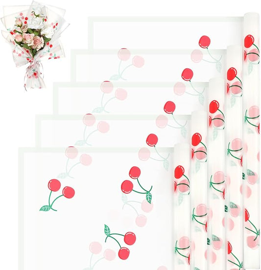 Liobelon 20 Sheets Flower Wrapping Paper Waterproof Bouquet Paper with Cherry Pattern White Gift Wrapping Paper for Flower Shop, Wedding, Birthday Party, Handmade DIY, Anniversary 22.8 x 22.8 Inch