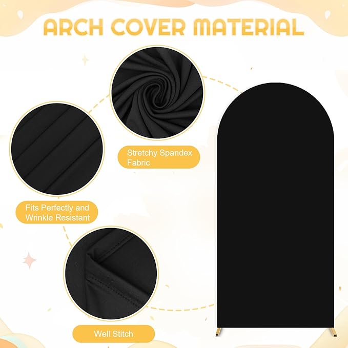 FUHSY 7.2FT Backdrop Arch Stand with Cover Set Metal Arch Backdrop Stand Stable Balloon Arched Frame and Black Arch Stand Cover Backdrop Cover for Arch Stands for Birthday Bridal Shower Ceremony Decor