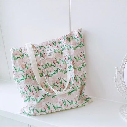 Cotton Canvas Tote Bag Reusable Soft Grocery Cloth Bag Floral Shoulder Bag for Beach Travel Shopping