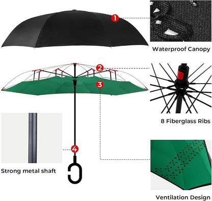 Inverted Umbrella, 49 Inch Double-Layer Vented Reverse Umbrella, Windproof Waterproof UV Protection, Lightweight C-Handle, Fiberglass Ribs, Steel Shaft, Travel/Commute/Car Use, With Sleeve