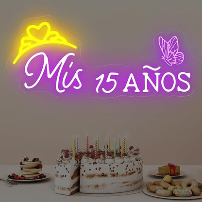 Mis 15 Anos Neon Sign, Sweet 15 Quince Party Sign with Dimmer Switch, Birthday Party Decor, Quinceanera Party Sign, Preppy Room Decor,Birthday Party Home Decorations, Mitzvah Gift-Purple