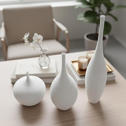 White Ceramic Vase Set of 3, Modern Boho Vases for Centerpiece Decor, Matte Minimalist Decorative White Vases Home Decor, for Living Room, Bookshelf, and Entryway Table Decor