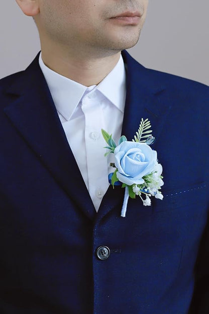 Dusty Blue Corsage and Boutonniere Set, Prom Wedding Homecoming Wrist Corsage Wristlet and Boutonniere Set for Grooms Groomsmen Guest Bridal Bridesmaid Artificial Flower Suit Decoration