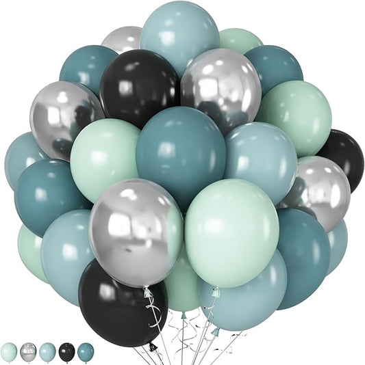 Dusty Blue and Black Balloons 60pcs 12 Inch Race Car Slate Light Pale Blue Green Black Metallic Silver Latex Helium Balloon for Boys Race Car Fast Birthday Safari Baby Shower Party Decorations