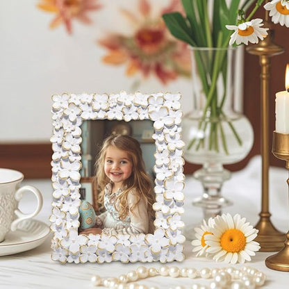 Hodao 4×6 White Floral Picture Frame — Handcrafted Textured Flower Picture Frame with Plastic Photo Cover & Built-In Easel for Tabletop Display, Decorative Home Décor, Nursery & Photo Keepsake