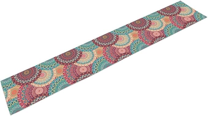 Bohemian Table Runner, Colorful Traditional Blue Pink Mandala Flower Table Runner for Kitchen Dining Cafe Party Decor, 13x70 Inch