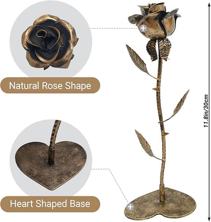 Bronze Rose Copper Flower Sculpture – 8th for Her/Him Hand-Forged Metal Eternal Rose Unique Wedding Keepsake Romantic Home Decor Gift for Wife Husband
