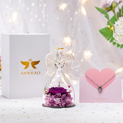 Christmas Women Gifts for Mom Birthday Gifts for Mom,Angel Birthday Gifts for Women Preserved Flower Rose in Glass Angel Figurines with Necklace, Purple Flower Gifts for Grandma Mother Sister Wife Her