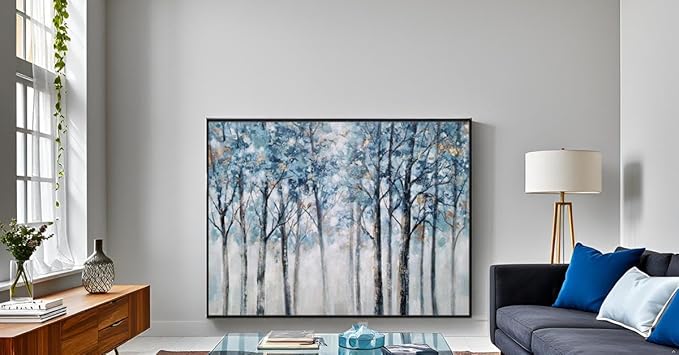 Yihui Arts Abstract Forest Wall Art Hand Painted Textured Blue Trees Canvas Painting with Gold Foil Modern Framed Artwork for Living Room Decor