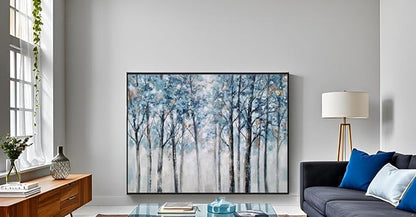 Yihui Arts Abstract Forest Wall Art Hand Painted Textured Blue Trees Canvas Painting with Gold Foil Modern Framed Artwork for Living Room Decor