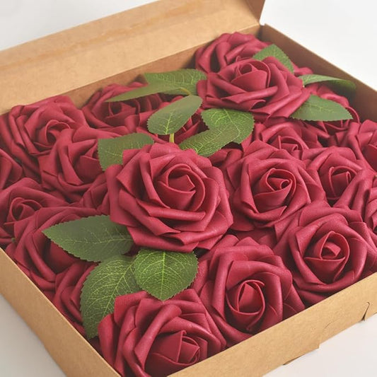 homEdge Artificial Rose, 25pcs Foam Artificial Flowers with Stem for Home Decorations, Wedding Bouquets, Party, Certerpieces, Anniversaries-Burgundy