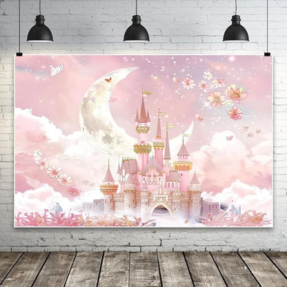 AOFOTO Castle Backdrop Princess Spring Pink Floral Moon Printed Fairy Tale Photography Background for Girl Birthday Baby Shower Party Banner Home Decor Wall Photo Studio Booth Props 7x5ft