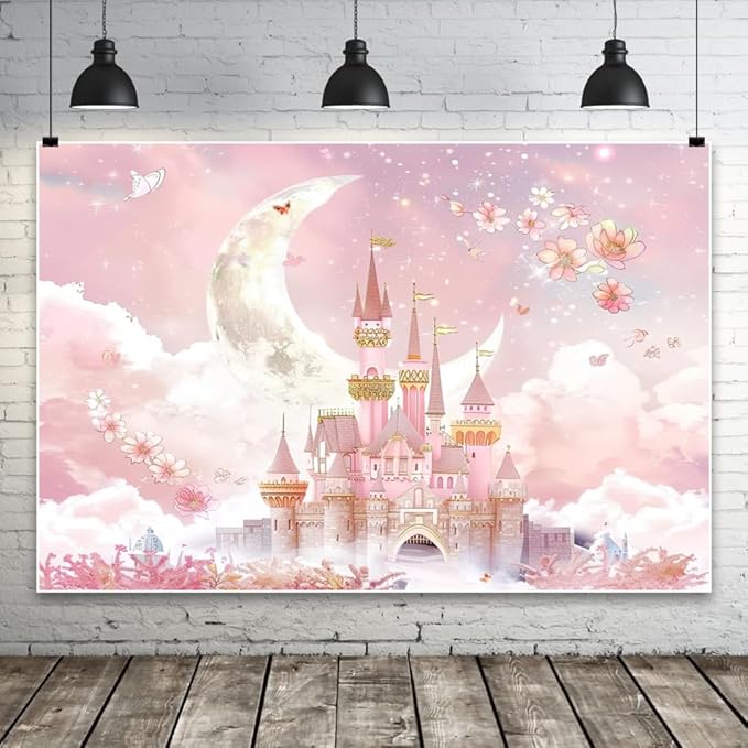 AOFOTO Castle Backdrop Princess Spring Pink Floral Moon Printed Fairy Tale Photography Background for Girl Birthday Baby Shower Party Banner Home Decor Wall Photo Studio Booth Props 10x8ft