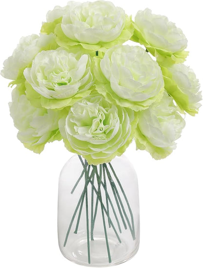 12 PCS Artificial Silk Green Peony Flowers with Stems - 8 Inch Fake Peony Bouquet for Wedding, Home Decor, Office Table, Festival Gifts