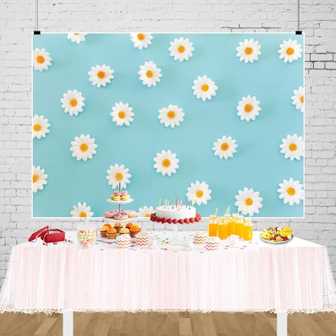 Daisy Flower Backdrop for Photography White Floral Blue Photo Background Baby Shower Birthday Party Decorations Cake Table Banner Girls Children Portrait Photoshoot Studio Props 10x6.5ft Vinyl