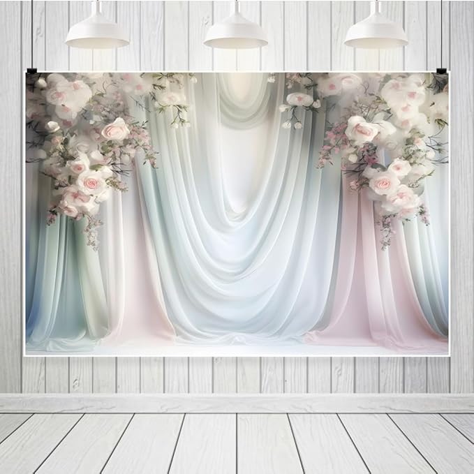 Leowefowa Floral Backdrop for Wedding Decor Pink Rose Flower White Curtain Wall Photography Background for Baby Shower Wedding Anniversary Ceremony Party Decorations Banner Studio Props 12x6ft Vinyl
