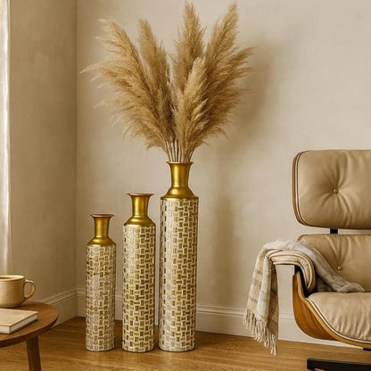 Leewadee Set of 3 Large Floor Vases – Decorative Tall Metal Vases in Gold White (30/24/20 inches) – Elegant Home Decor for Stylish Interiors