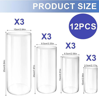 12 Pack Glass Cylinder Vases, 4,6,8,10 Inch Tall Clear Flowers Vases for Centerpieces, Floating Candles Vase,Hurricane Glass Candle Holders Vase for Wedding Party Home Tables Decor