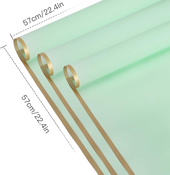 WRAPAHOLIC 20 Sheets Flower Wrapping Paper - 22.4 x 22.4 inch Gold Trim Light Green Water-Resistant Floral Bouquet Wrapping Paper, Florist Supplies Packaging Paper for Wedding Birthday Gift DIY