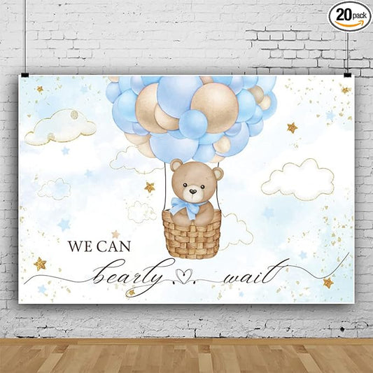 ChloropLastid We Can Bearly Wait Baby Photo Backdrop 8x6ft Baby Bear Blue Hot Air Balloon Background for Boys Balloons Clouds Stars Baby Shower Newborn Party Banner Decor Studio Prop Decor