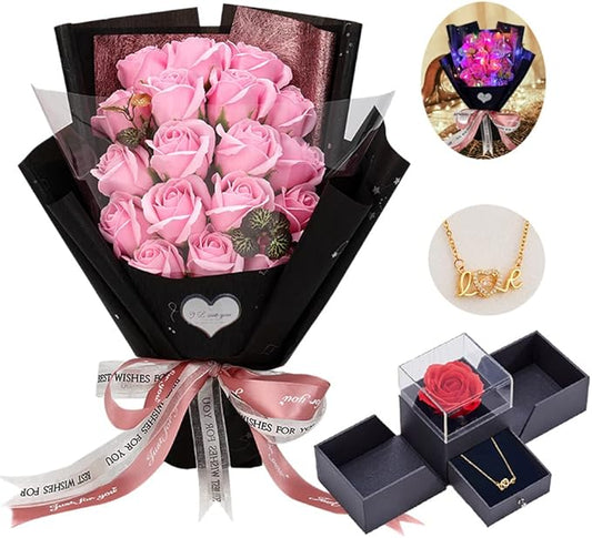 EIGHTOWN Roses Bouquet Artificial Flower - Preserved Pink Rose Flowers with Love Necklace for Her - Unique Gifts Valentine's Day, Mother's Day, Thanksgiving, Birthday, Anniversary